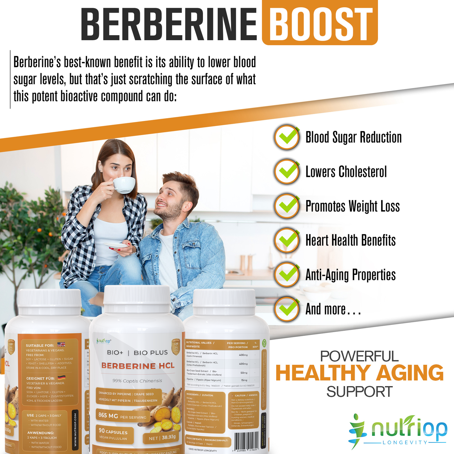 Nutriop® Bio-Enhanced Berberine HCL 865mg - Dual-Source Metabolic AMPK Activator (90 Capsules)