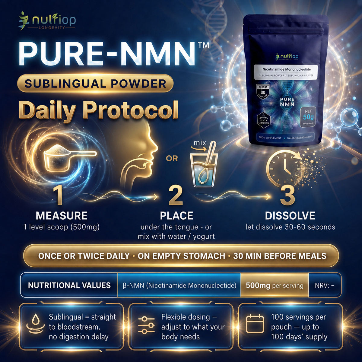 Nutriop® Pure NMN Sublingual Powder - Direct NAD+ Precursor (50g)